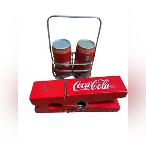 Coca Cola branded items - salt and pepper shaker with caddie giant clothes pin